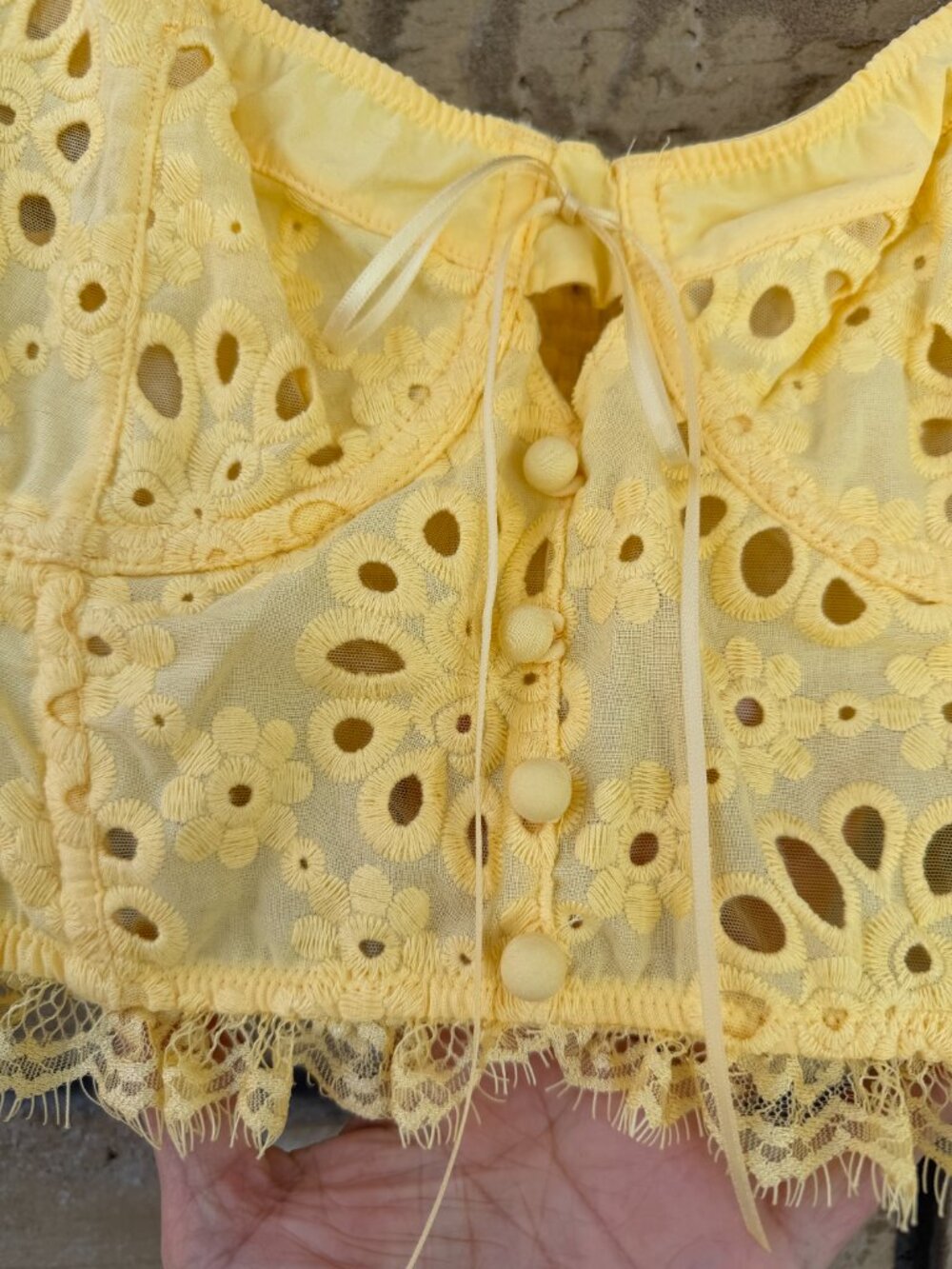 By Anthropologie Eyelet Ruffle Crop Top Bustier in Pineapple Yellow XL NWT - Picture 3 of 14